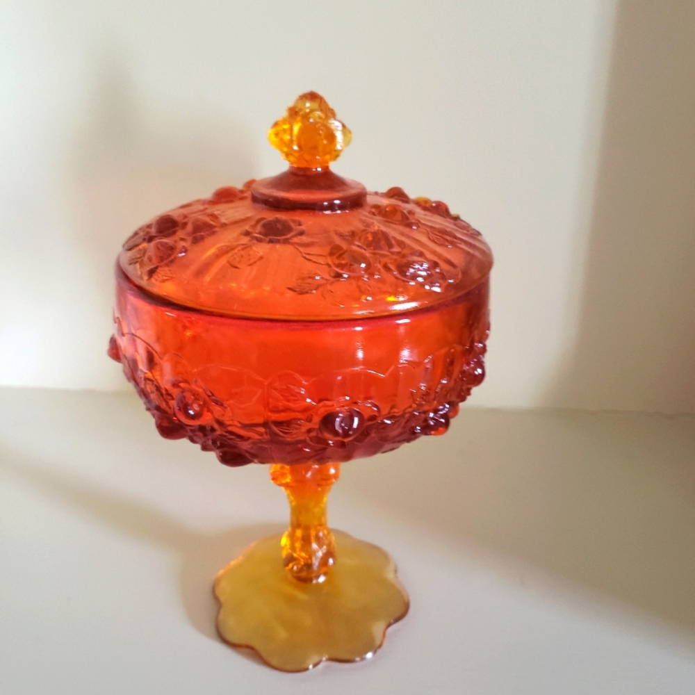 Vintage Fenton Cabbage Rose Colonial Orange Pedestal Candy Dish 9" Tall